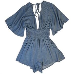 Audrey 3+1 Blue Polka Dot Romper Flutter Sleeve Smocked Waist Deep V Tie Back S